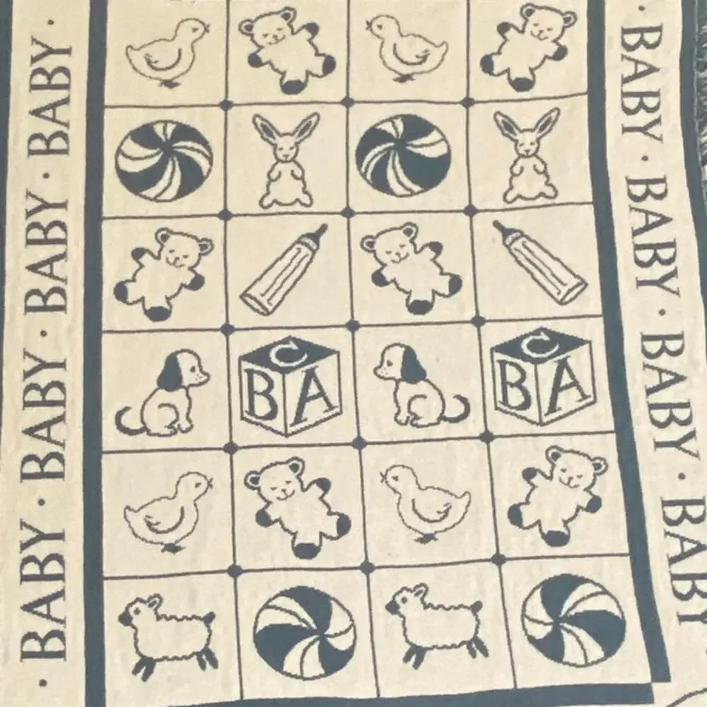 Vintage Baby Throw Blanket Afghan Alphabet Block TeddyBear Duck Animal Fringe